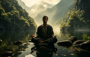 ein Mann üben Achtsamkeit und Meditation im ein friedlich natürlich Umgebung Sony a7s realistisch Bild, Ultra hd, hoch Design sehr detailliert foto