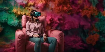 schön glücklich jung Frau mit virtuell Wirklichkeit vr Headset im virtuell Wirklichkeit Gläser, Spiel, Zukunft Technologie Konzept. ai generativ. foto