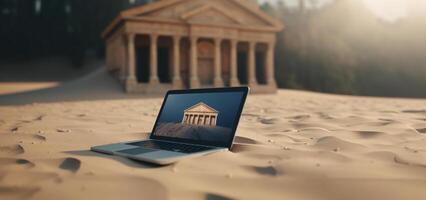 Bank Symbol. angekettet Laptop auf Berg Hintergrund. ai generativ. foto