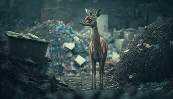 ein Hirsch im steht in der Nähe von ein Stapel von Plastik. generativ ai. foto