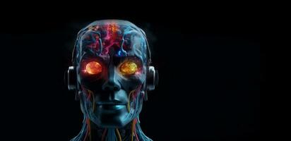 Gehirn Roboter steht animiert mit dick mehrfarbig Rauch, voll Körper, hoch Qualität Gesicht malen, mit Raum zum Text. foto