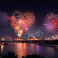 Feuerwerk bunt auf Nacht Stadt Aussicht Hintergrund zum Feier Festival foto