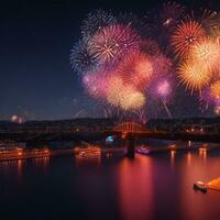 Feuerwerk bunt auf Nacht Stadt Aussicht Hintergrund zum Feier Festival foto