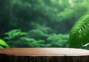 Produkt Podium mit Monsun Regen Wald mit hölzern Rabatt Hintergrund foto