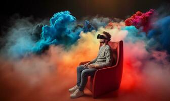 glücklich jung Mann mit Headset zu abspielen virtuell Wirklichkeit Spiel auf Sofa, Spiel, Zukunft Technologie Konzept. ai generativ. foto