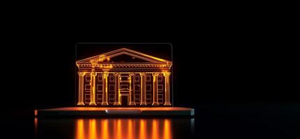 Bank Symbol. angekettet Laptop auf Berg Hintergrund. ai generativ. foto