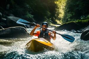 ein berauschend Moment von ein Kajakfahrer navigieren durch schnell - - ziehen um Stromschnellen im ein Fluss. generativ ai foto