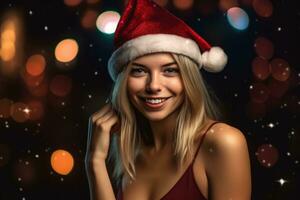 Foto von ein schön Frau im ein Santa Hut posiert mit ein lächeln. generativ ai