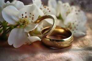 Blumen im das Hintergrund und Gold Ringe zum Engagement. generativ ai foto