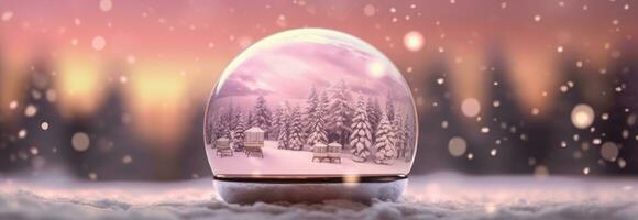 Schnee Globus dekoriert mit Weihnachten Beleuchtung Bokeh Hintergrund. generativ ai foto