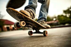 das Energie und Sportlichkeit von ein Skateboardfahrer im ein schließen - - oben Schuss. generativ ai foto