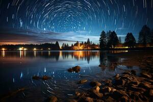 lange Exposition Schuss von ein sternenklar Nacht Himmel Über ein still See, das Sterne' Wanderwege. generativ ai foto