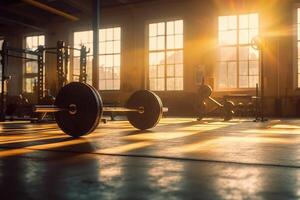 Fitnessstudio Innere Foto mit Sonnenlicht undicht durch das Fenster. generativ ai