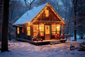 Foto von Haus dekoriert zum Weihnachten unter das Schnee. generativ ai