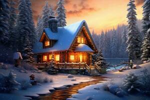 Foto von Haus dekoriert zum Weihnachten unter das Schnee. generativ ai