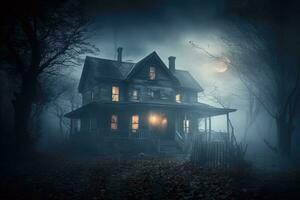 Foto von ein unheimlich Haus im ein mysteriös Wald. Halloween Konzept. generativ ai