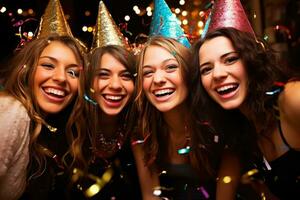 Gruppe von jung Mädchen und Jungs freunde feiern Neu Jahre Vorabend mit Trinken Brille. generativ ai foto