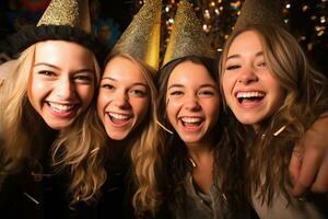Gruppe von jung Mädchen und Jungs freunde feiern Neu Jahre Vorabend mit Trinken Brille. generativ ai foto
