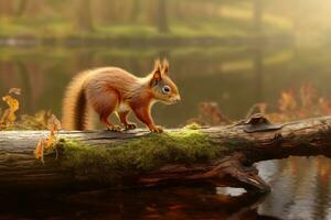 Foto von ein Eichhörnchen Gehen auf ein Baum Ast. generativ ai