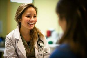 ein offen Foto von ein weiblich Arzt interagieren mit ein geduldig im ein Krankenhaus Zimmer. generativ ai