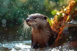 ein Nahansicht Foto von ein Otter versuchen zu machen es ist Nest im das Wasser. generativ ai