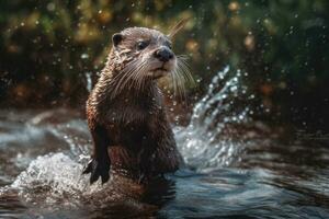 ein Nahansicht Foto von ein Otter versuchen zu machen es ist Nest im das Wasser. generativ ai