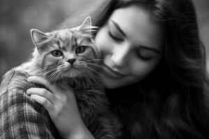 ein Foto von ein Frau zärtlich küssen und umarmen ihr Katze. generativ ai