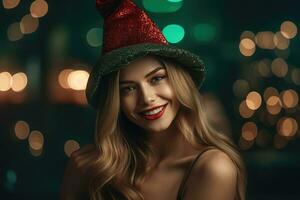 Foto von ein schön Frau im ein Santa Hut posiert mit ein lächeln. generativ ai