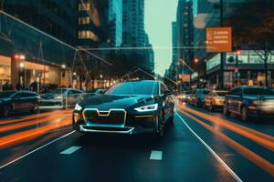 ein Foto von ein selbst - - Fahren Auto navigieren durch ein Stadtbild, präsentieren das Fortschritte im autonom Fahrzeug Technologie. generativ ai