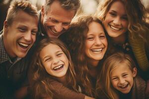 ein schließen - - oben Foto von ein strahlend amerikanisch Familie zusammengekauert zusammen, ihr Gesichter gefüllt mit Freude und Lachen. generativ ai