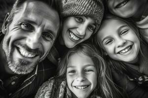 ein schließen - - oben Foto von ein strahlend amerikanisch Familie zusammengekauert zusammen, ihr Gesichter gefüllt mit Freude und Lachen. generativ ai