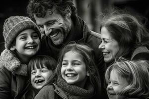 ein schließen - - oben Foto von ein strahlend amerikanisch Familie zusammengekauert zusammen, ihr Gesichter gefüllt mit Freude und Lachen. generativ ai