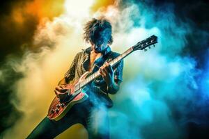 Gitarrist Zerkleinern ein elektrisierend Solo, umgeben durch ein Wolke von Rauch und beschwingt Bühne Beleuchtung. generativ ai foto