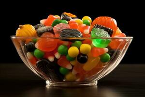 ein schließen - - oben von ein Schüssel gefüllt mit Halloween Süßigkeiten. generativ ai foto
