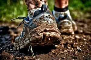 schließen - - oben Foto von ein Weg Läufer getragen - - aus Weg Laufen Schuhe bedeckt im Schlamm und Schmutz. generativ ai
