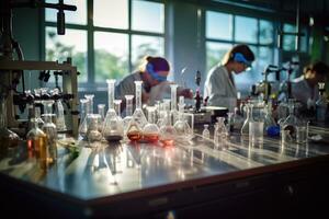 Mannschaft von Wissenschaftler Dirigieren Experimente im ein Chemie Labor. generativ ai foto