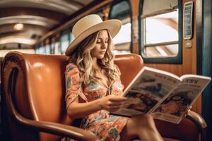 Foto von ein Frau liegend bequem im ihr Sitz, lesen ein Reise Zeitschrift, und tragen ein Hut. generativ ai