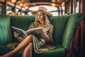 Foto von ein Frau liegend bequem im ihr Sitz, lesen ein Reise Zeitschrift, und tragen ein Hut. generativ ai