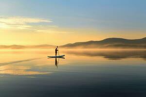 ein heiter Schuss von ein Paddleboarder gleiten über ein Ruhe See beim Sonnenaufgang. generativ ai foto