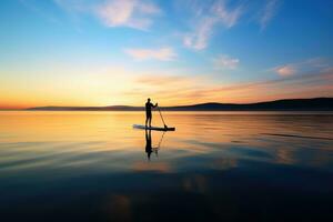 ein heiter Schuss von ein Paddleboarder gleiten über ein Ruhe See beim Sonnenaufgang. generativ ai foto