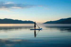 ein heiter Schuss von ein Paddleboarder gleiten über ein Ruhe See beim Sonnenaufgang. generativ ai foto