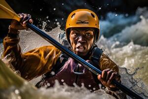 ein berauschend Moment von ein Kajakfahrer navigieren durch schnell - - ziehen um Stromschnellen im ein Fluss. generativ ai foto