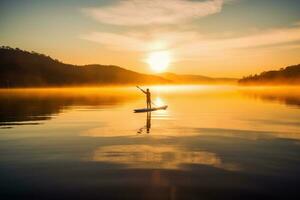 ein heiter Schuss von ein Paddleboarder gleiten über ein Ruhe See beim Sonnenaufgang. generativ ai foto