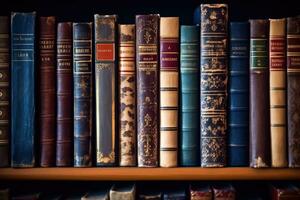 ein Schuss von ein Reihe von ordentlich vereinbart worden Bibliothek Bücher auf ein Regal. generativ ai foto