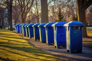 ein Schuss von ein Reihe von Recycling Behälter im ein Gut - - gepflegt Stadt Park. generativ ai foto