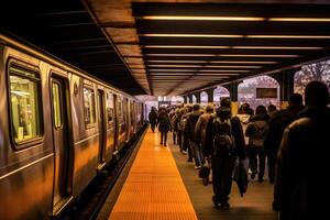 breit - - Winkel Schuss von ein überfüllt U-Bahn Bahnhof während eilen Stunde, Hervorheben das Effizienz und Kapazität von Öffentlichkeit Transport. generativ ai foto