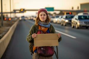ein Foto von ein Backpacker halten ein Zeichen mit das Name von ihr gewünscht Ziel, Stehen beim ein beschäftigt Autobahn Kreuzung. generativ ai
