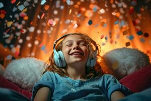 Jugendlicher Mädchen Hören zu Musik- mit Spaß Kopfhörer im seine Zimmer beim heim. generativ ai foto