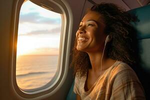 ein Foto von ein froh Frau sitzend durch das Fenster auf ein Flugzeug. Reise Konzept. generativ ai