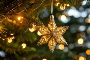 ein schließen - - oben Schuss von ein golden glänzend Star Ornament hängend von ein Weihnachten Baum Ast. generativ ai foto